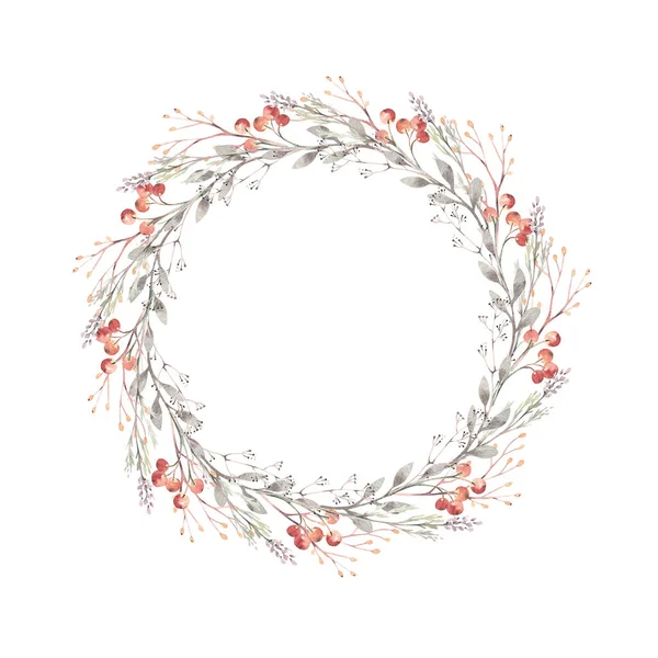 Watercolor Autumn Wreath Illustration Floral Frame Gold Branches Leaves Berries — Stock Photo, Image