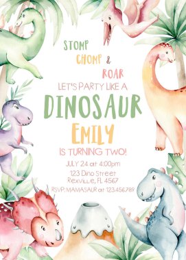 Suluboya şirin dino. Beyaz Arkaplan El Çizimi 'ne izole edilmiş dinazorlar. Bebek partisi çocukları doğum günü jürisi partisine davet ediyor. çizgi film tyrannosaurus dekor.