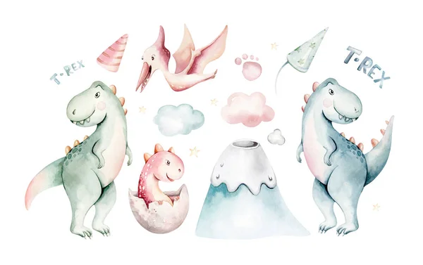 Watercolor Cute Dino Dinosaurs Set Isolated White Background Hand Drawn — Stock Photo, Image