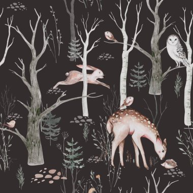 Woodland hayvanları suluboya desenli. Kumaş duvar kağıdı arka planında Baykuş, kirpi, tilki ve kelebek, orman sincabı ve sincap tavşan seti, ayı ve kuş yavrusu hayvan, İskandinav çocuk yuvası