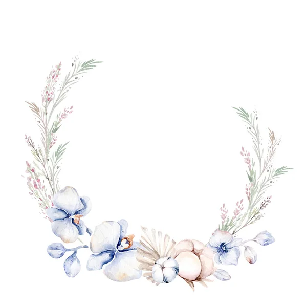 Couronne Cadre Floral Aquarelle Avec Orchidée Fleur Cerisier Tête Coton — Photo