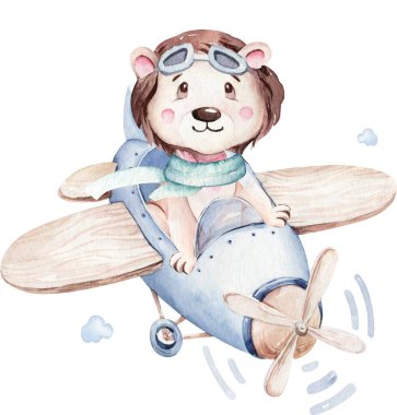 Suluboya bebek çizgi film pilotu su aygırları, aslan ve zebra hayvanlar hava taşımacılığı, uçak bulutları. Sevimli çocuksu bebek partisi illüstrasyonu.