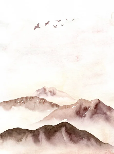 Aquarelle Paysage Montagnes Brouillard Arbres Brouillard Illustration Ciel Fond Hiver — Photo