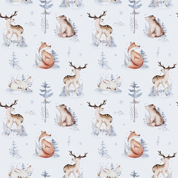 Watercolor Winter Patterns Deer Fawn Owl Rabbits Bear Birds White — Stock Photo, Image