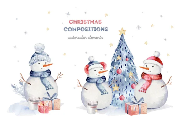 Acuarela Feliz Navidad Carácter Pingüino Ilustración Dibujos Animados Invierno Aislado —  Fotos de Stock