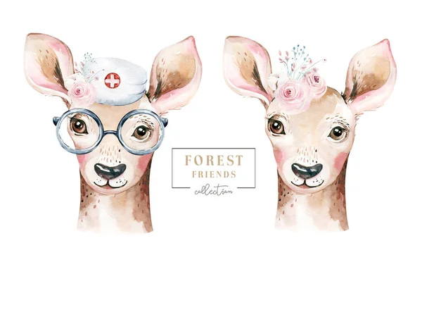 鹿動物のかわいい医師の水彩画の子供たちは白い背景に隔離されたイラスト 医療の子供のデザイン 感染症対策マスク — ストック写真