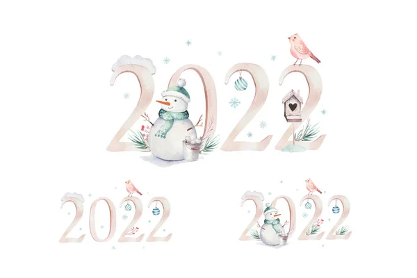 Ακουαρέλα Εικονογράφηση Καλά Χριστούγεννα Χιονάνθρωπος Διακοπών Χαριτωμένα Ζώα Ελάφια Κουνέλι — Φωτογραφία Αρχείου