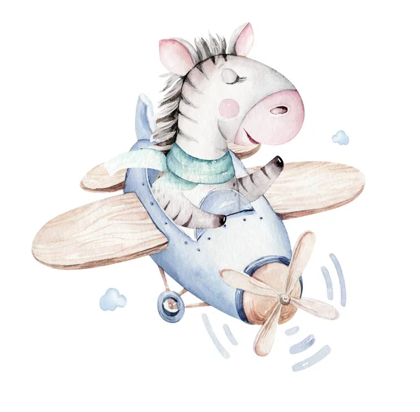 水彩赤ちゃん漫画パイロット航空カバ ライオンやゼブラ動物の空の輸送 飛行機雲 可愛い子供っぽいベビーシャワーイラスト — ストック写真