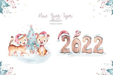 Bebek Kaplan Suluboya. 2022 yılının sembolü. Suluboya şirin çizgi film hayvanı. Noel partisi dekorasyonu. Çin takvimi, davetiye kartı.