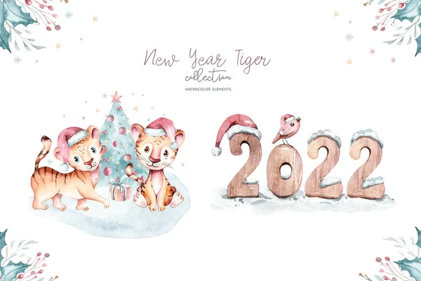 Watercolor Babytiger Symbol New Year 2022 Watercolor Cute Cartoon Animal — Stock Photo, Image