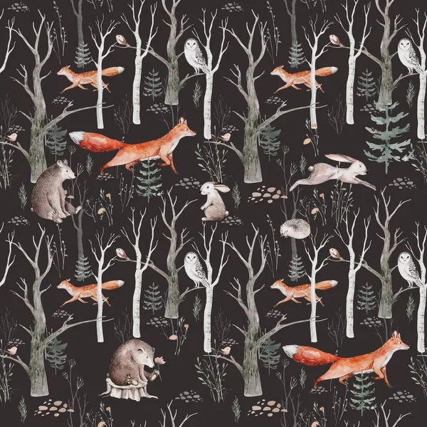 Woodland Hayvanları Suluboya Desenli Kumaş Duvar Kağıdı Arka Planında Baykuş — Stok fotoğraf