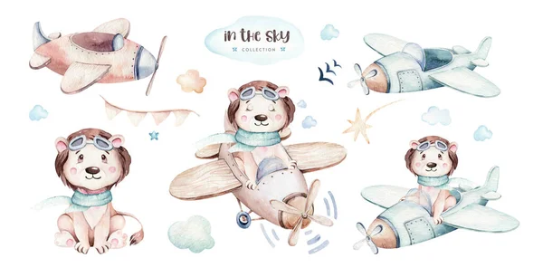 水彩画婴儿卡通片飞行员航空河马 狮子和斑马动物的天空运输 飞机云彩 可爱的孩子气婴儿淋浴图解 — 图库照片