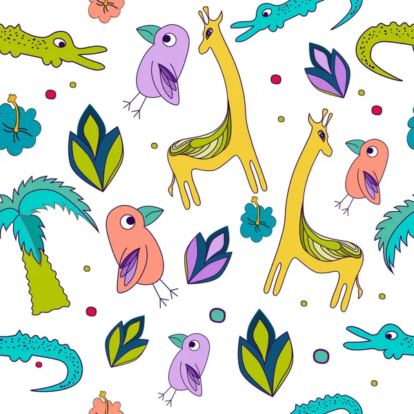 Modèle sans couture avec girafe et oiseaux sur fond blanc. Modèle de tissu — Image vectorielle