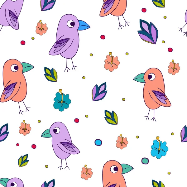 Seamless pattern with flowers, leaves and parrots. Fabric pattern. — Stock Vector