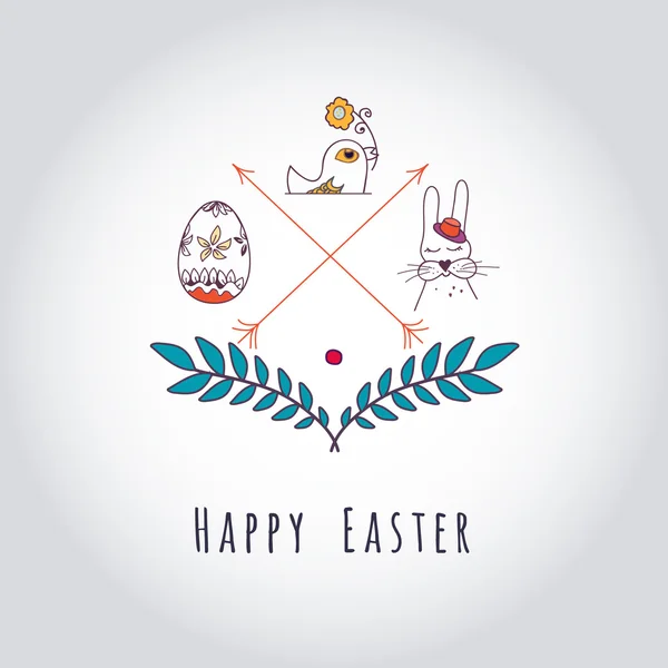 Feliz Pascua Hipster elementos de la tarjeta de felicitación con conejo de dibujos animados y huevos. Ilustración vectorial — Vector de stock