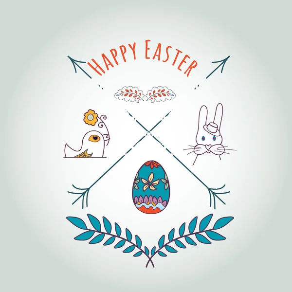 Feliz Pascua Hipster elementos de la tarjeta de felicitación con conejo de dibujos animados y huevos. Ilustración vectorial — Vector de stock