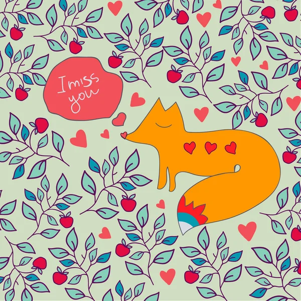 Valentine cartão de saudação com raposa. Fox e flores ornamento cartão de saudação . — Vetor de Stock