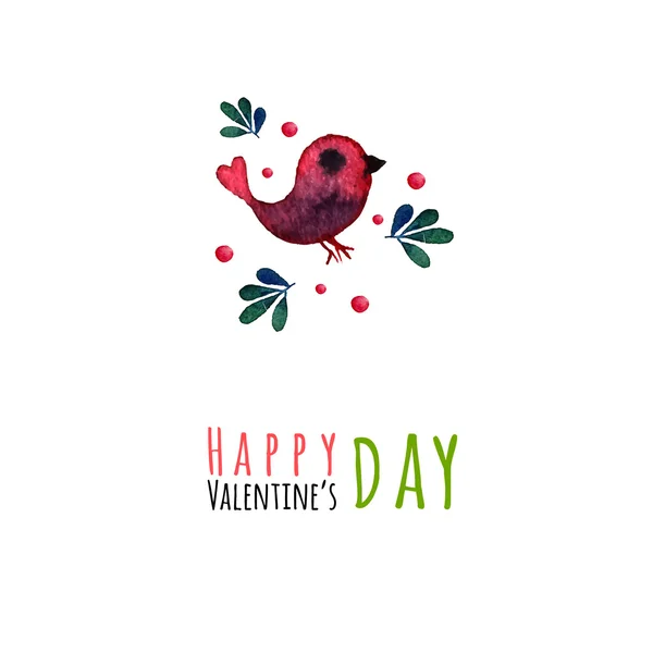 Valentine's Day greeting card on white background, vector illustration. Watercolor painted bird. Element for your design. Floral elements — Stock Vector