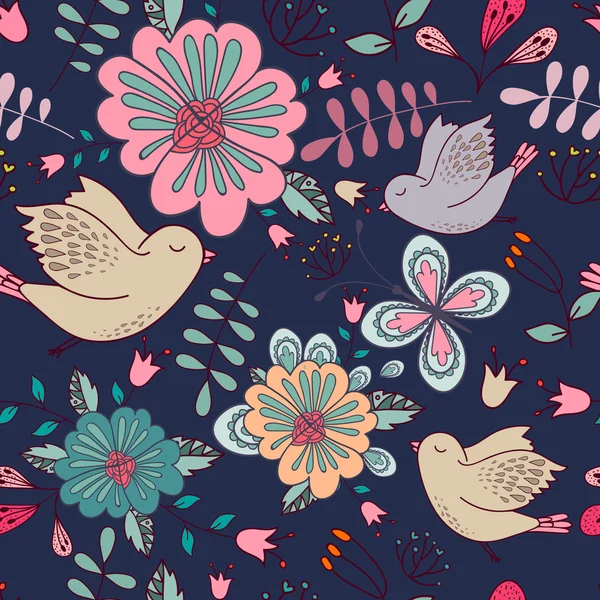 Υφή με floral στοιχεία και πουλιά — Διανυσματικό Αρχείο