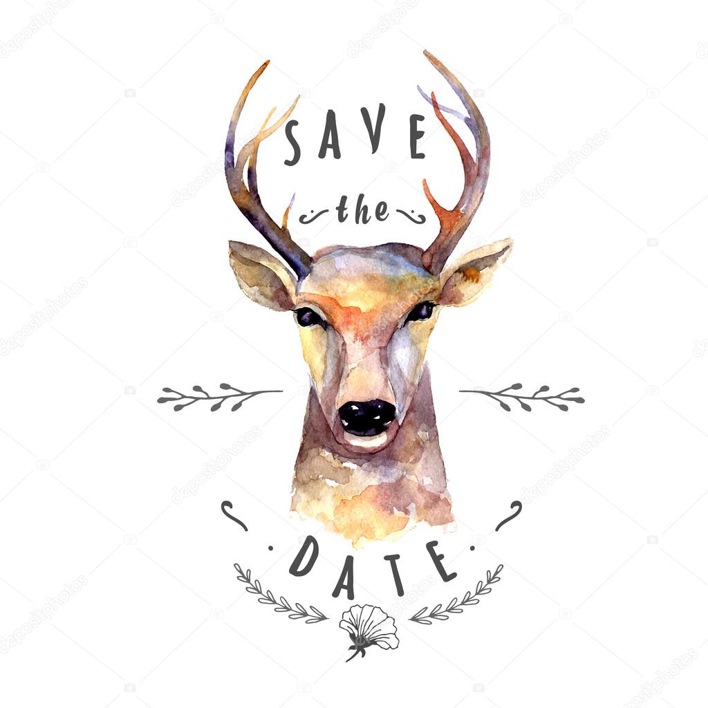 Deer watercolor. Save the date. Wedding  illustration