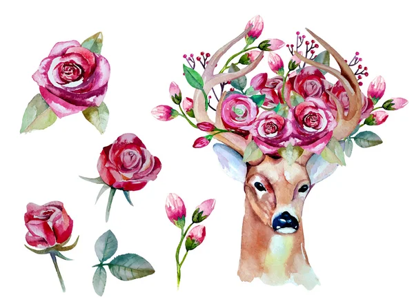 Cerfs dessinés à la main avec des fleurs — Image vectorielle