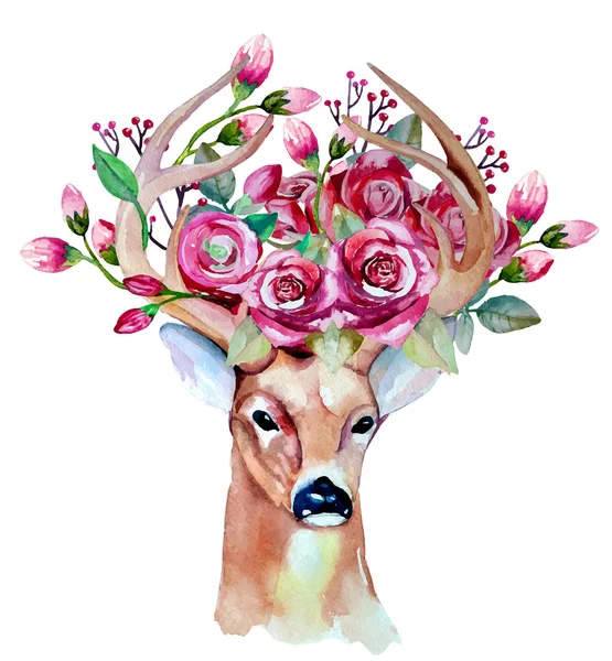 Cervos desenhados à mão com flores —  Vetores de Stock