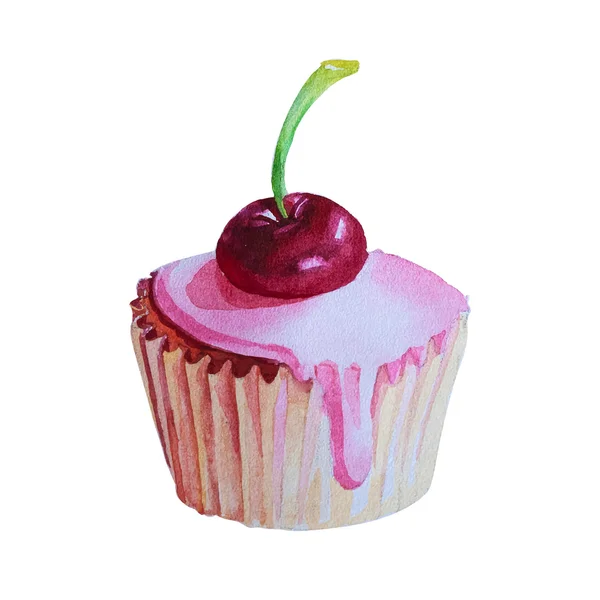 Cupcake desenhado à mão com cereja — Vetor de Stock