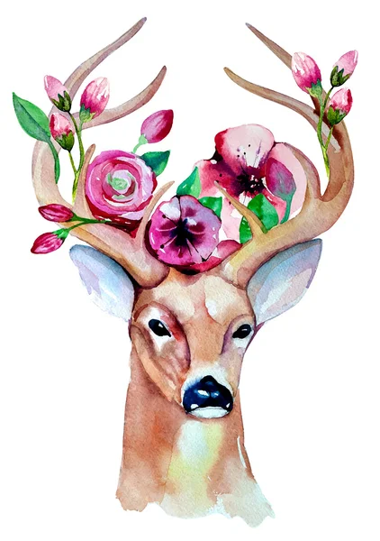 Cervos desenhados à mão com flores — Vetor de Stock