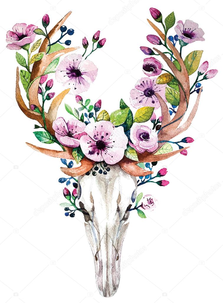 Bright watercolor vector deer skull with flowers