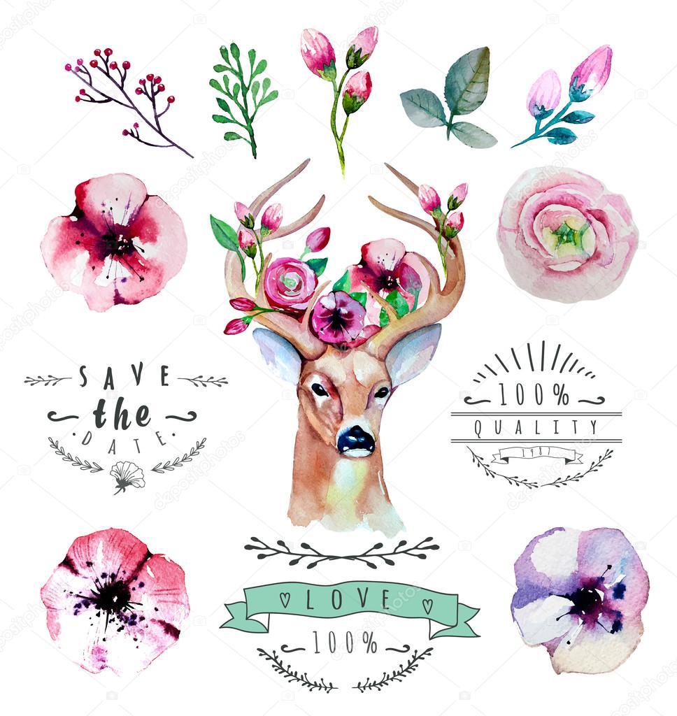 floral set with deer