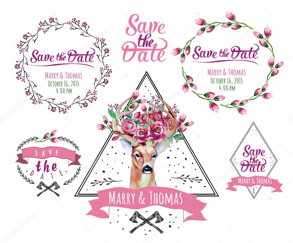 Wedding illustration of Deer with flowers, Save the date design elements