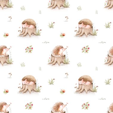 Tatlı uyuyan kirpi yavrusunun suluboya desenleri. Çocuk bezi resimlerinde duvar kâğıdı, tekstil ve kumaş örnekleri var. Ambalaj kağıdı ve çiçek resmi için suluboya orman çizimi.