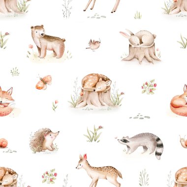 Şirin yavru geyik ve tavşan hayvanlarının suluboya desenleri. Yavru ayı ve kirpi, rakun tilkisi. Orman geyiği ve tavşan çocuk duvar kağıdı, tekstil ve kumaş desenleri. Kağıt sarmak için suluboya orman çizimi.