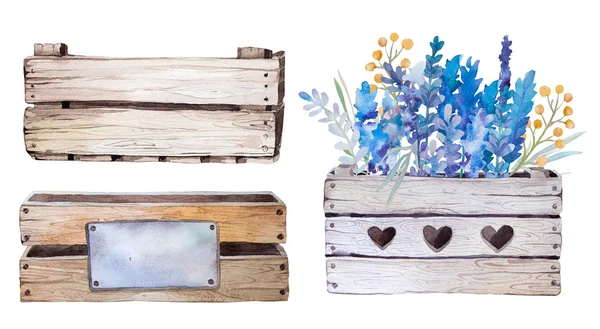 Acuarela flores caja de madera. ilustración vintage dibujado a mano . — Foto de Stock