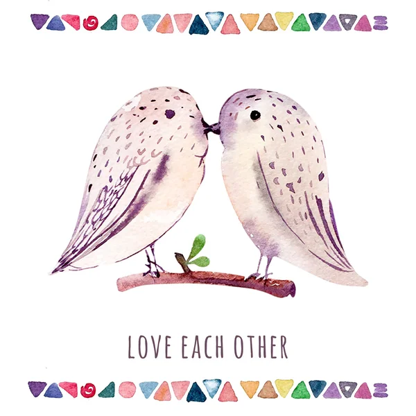 Akvarel bryllup kort med fugle. Elsk hinanden. . - Stock-foto