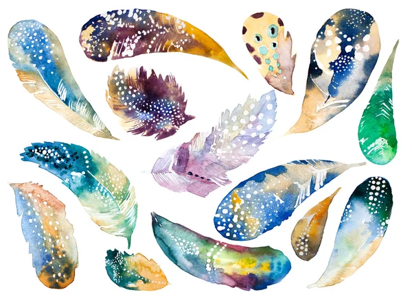 Hand drawn watercolor feather set. Iillustration isolated on whi — Stock Photo, Image