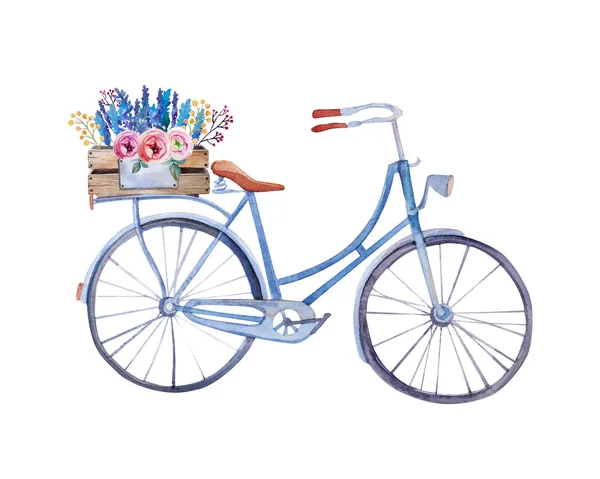 Watercolor vintage  bicycle with box of flowers. — Stock Photo, Image