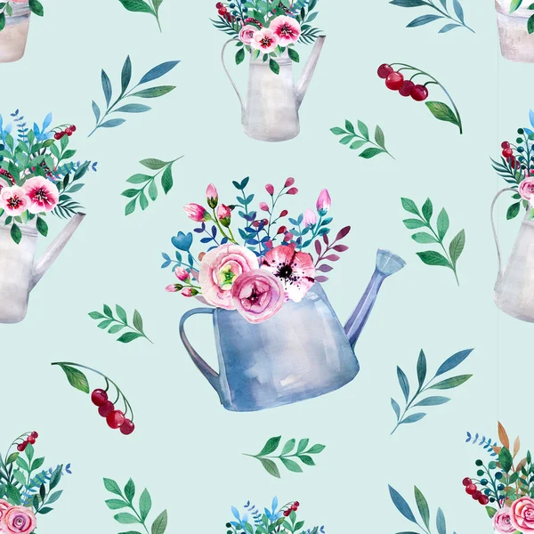 Seamless pattern. Watercolor bouquets of flowers in pot. Rustic