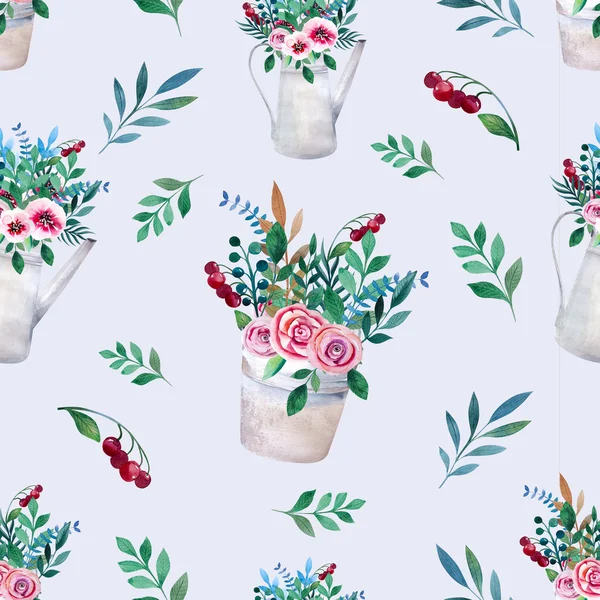 Seamless pattern. Watercolor bouquets of flowers in pot. Rustic