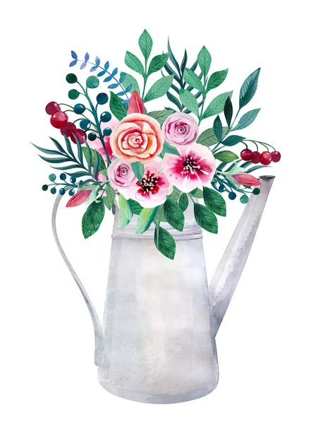 Watercolor bouquets of flowers in pot. Rustic floral set