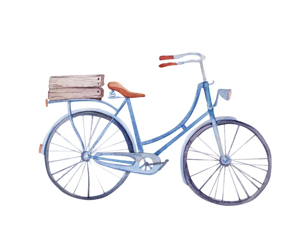Watercolor vintage  bicycle with box of flowers. — Stock Photo, Image