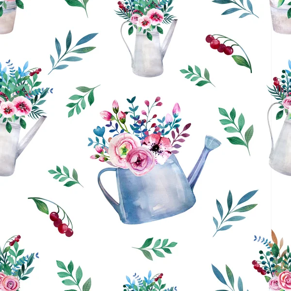 Seamless pattern. Watercolor bouquets of flowers in pot. Rustic