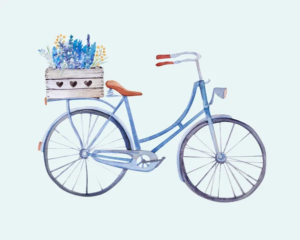 Bicyclette vintage aquarelle avec boîte de fleurs . — Photo