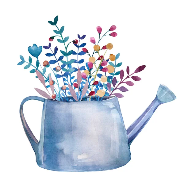 Buquês de aquarela de flores em pote. Conjunto floral rústico — Fotografia de Stock