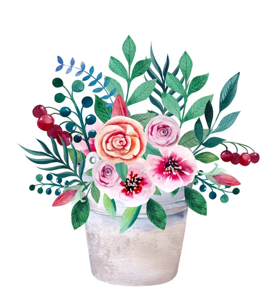 鍋で花の水彩画の花束。素朴な花セット — ストック写真