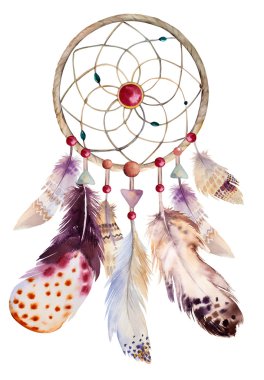 Suluboya dreamcatcher boncuk ve tüyleri ile. Resimde fo