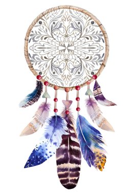 Suluboya dreamcatcher boncuk ve tüyleri ile. Resimde fo