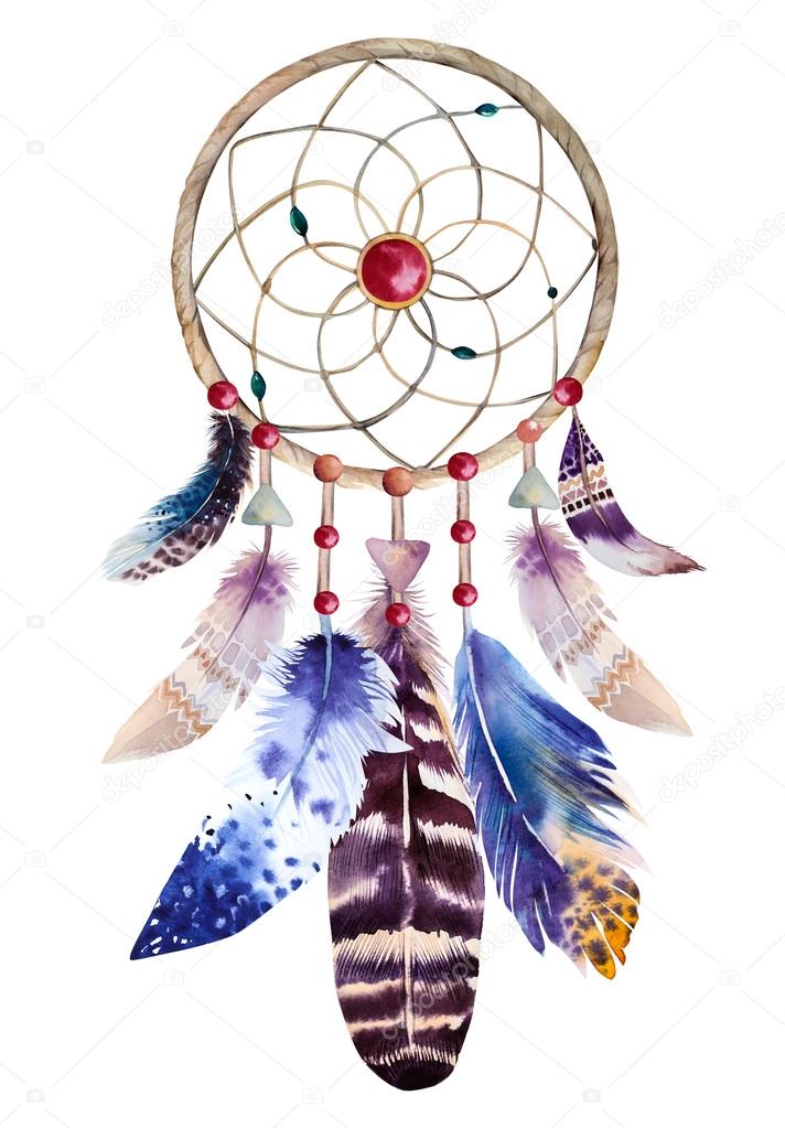 Watercolor dreamcatcher with beads and feathers. Illustration fo