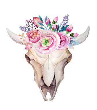 Suluboya inek kafatası çiçek ve tüyleri ile. Boho stil desig