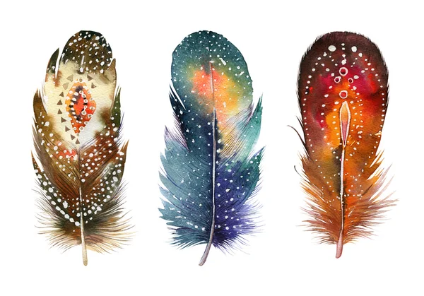 Ensemble de plumes d'aquarelle dessinées à la main. Le style Boho. illustration iso — Photo